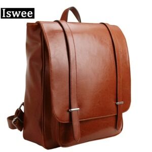 Iswee Cognac Brown Leather Laptop Backpack Unisex Flapover Satchel Bag 14 Inch